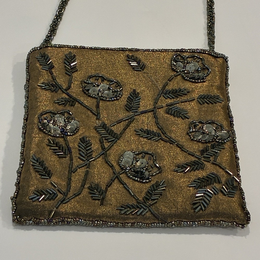 Satin Beaded Crossbody Purse Brown Gold Floral Boho Fairy Festival Cocktail